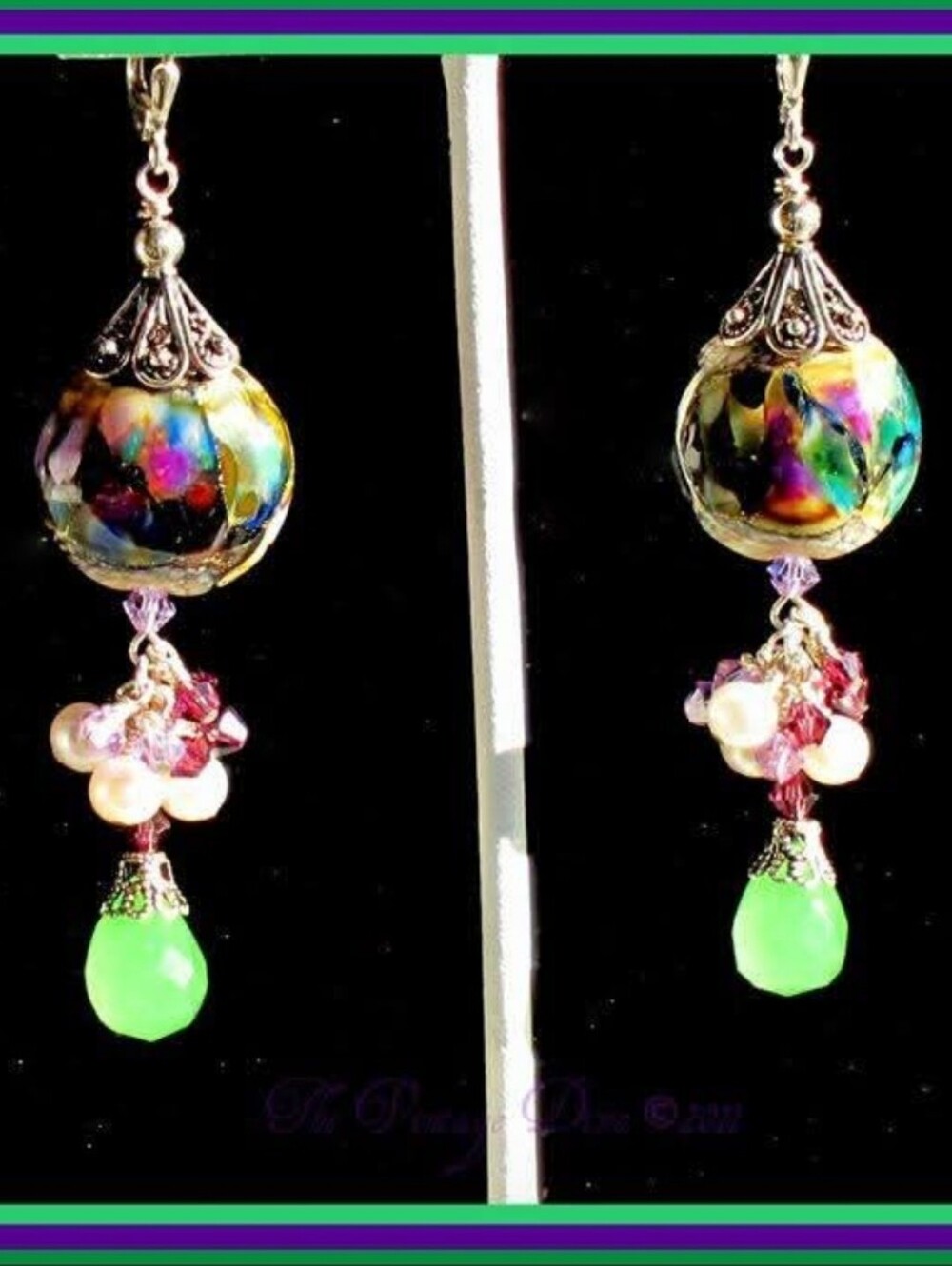 Handcrafted Multicolor Glass & FW PearlSwarovski Crystal/Quartz Dangle Earrings